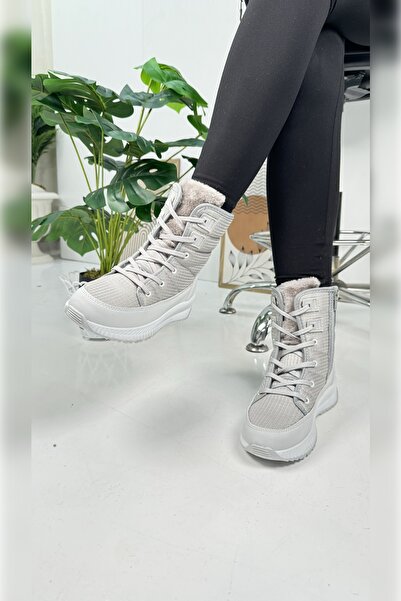 İmerShoes Günlük Kadın Buz Grisi Kar Botu Kürklü Bağcıklı Fermuarlı Rahat Kalın Tırtıklı Taban Bootie 815