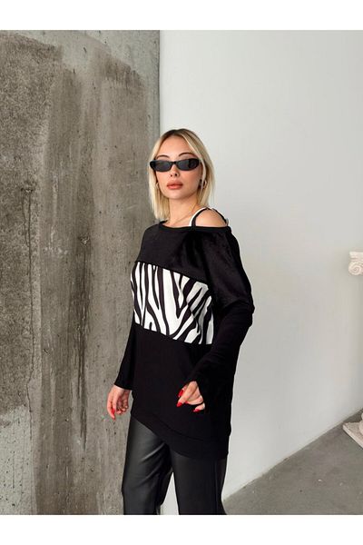 The AlpAli Women's Velvet Fabric Zebra Print Shoulder Detail Long Sleeve Blouse