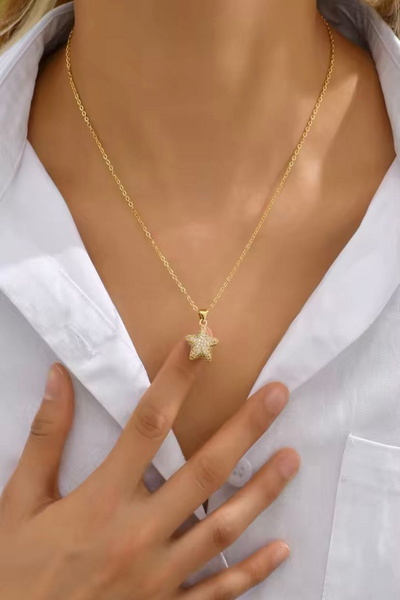 DEMOKAN Kadın Çelik Kolye Klasik Zincir Full Zirkon Taş Yıldız Kolye