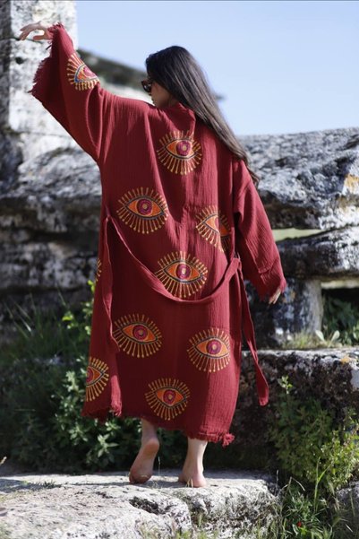 MONO %100 pamuk tasarım nazar göz baskılı müslin kimono bornoz sabahlık