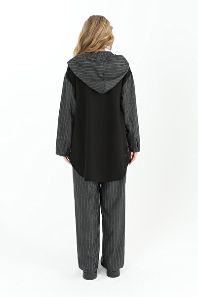 Puane Women's Hooded Striped Long Tunic - 10551Tun - Anthracite