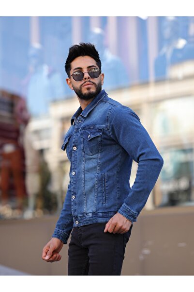 WKM Erkek Lacivert Jean Denim Standart Kalıp Cepli Düğmeli Kot Ceket
