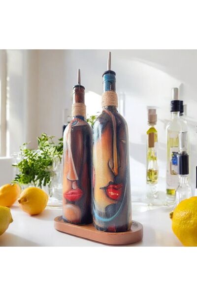 Mes Reves 750 ml Colorful Face Patterned Olive Oil Bottle - Oil Pot, Oil and Sauce Bottle Set of 2