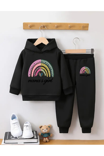AEMİ Children's Rainbow Printed Black Hooded 3 Thread Thick Bottom Top Set