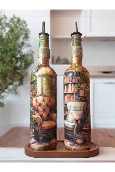 Mes Reves 750 ml Colorful Winter Garden Patterned Olive Oil Bottle Oil Pot Oil Bottle Set of 2