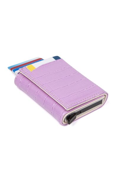 Newish Women's Crocodile Leather Aluminum Mechanism Sliding Card Holder Wallet, Automatic Wallet Rfid Blocking