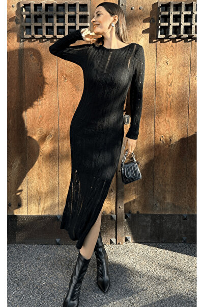 Angel Mia Rochie lungă de tricotat neagră - împletită în păr