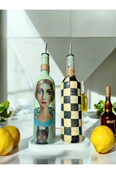 Mes Reves Kadın Desenli ve Kareli 750 ml Zeytinyağı Sıvıyağ Şişesi Yağdanlık ...
