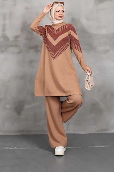 MODAQU Camel Maya Silvery Double Knitwear Tunic and Pants Set