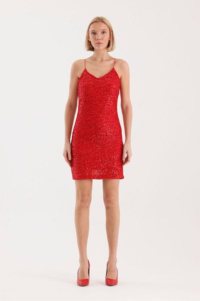 soBasic Curea de frânghie Tesatura cu paiete Rochie lucioasa de marime mini-S - Rosie