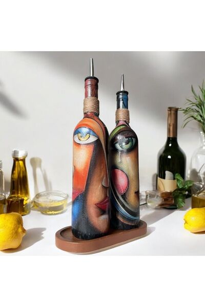 Mes Reves 750 ml Colorful Face Patterned Olive Oil Bottle - Oil Pot, Oil and Sauce Bottle Set of 2