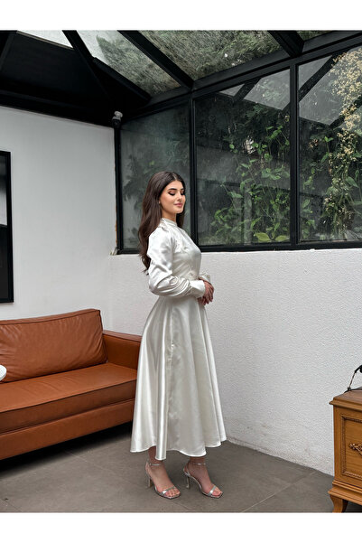 ASLIHANGÜNER Kadın Kırık Beyaz Dik Yaka Pencere Detaylı Saten Hera Elbise