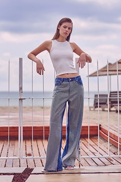 Never more Blugi albaștri cu talie înaltă și piatră brodată