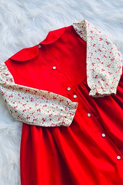 Bertuğ Bebek Bebe Yaka Pileli Çiçek Desenli Kırmızı Kız Çocuk Bebek Elbise