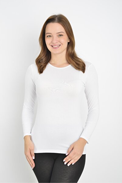 ERŞAH Kadın Beyaz Likralı Sıfır Yaka Uzun Kol Atlet 5007