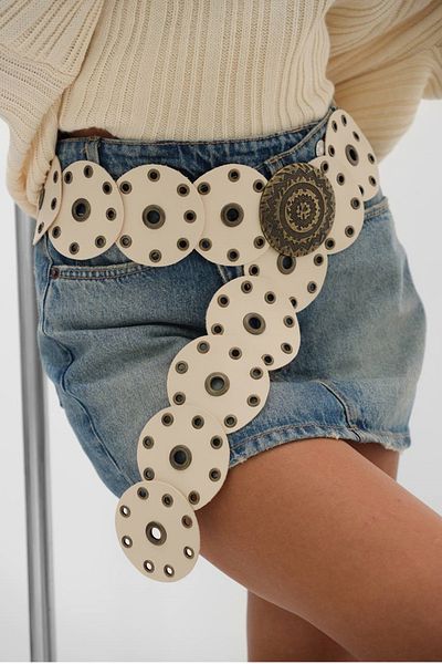 WOMAN VISION Curea albă cu medalion din piele artificială pentru femei, cu cataramă, cu design în stil cowboy 24W37002