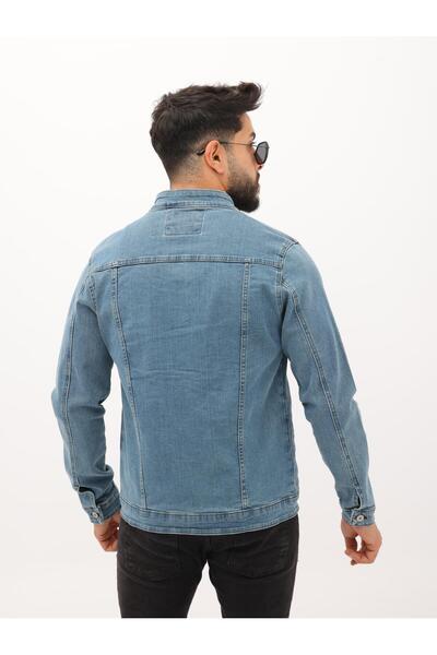 WKM Jachetă de blugi casual pentru bărbați, albastru deschis, cu fermoar dublu