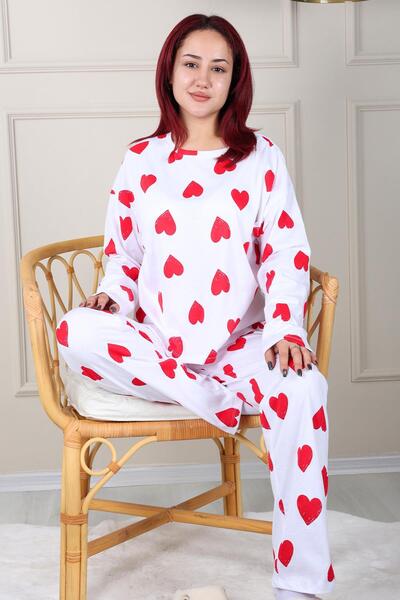 Niket Life White Long Sleeve Combed Cotton Pajama Set - Heart Pattern