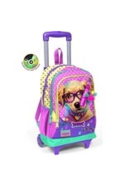 Coral High Lighted Rolling School Bag with Dog Pattern and Glasses - 23952