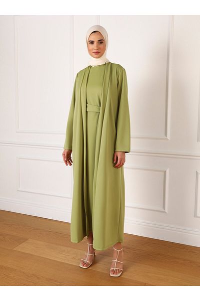 Refka Belt Detailed Dress & Ferace Double Set - Oil Green -