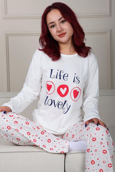 Niket Life White Long Sleeve Heart Patterned Pajamas Set
