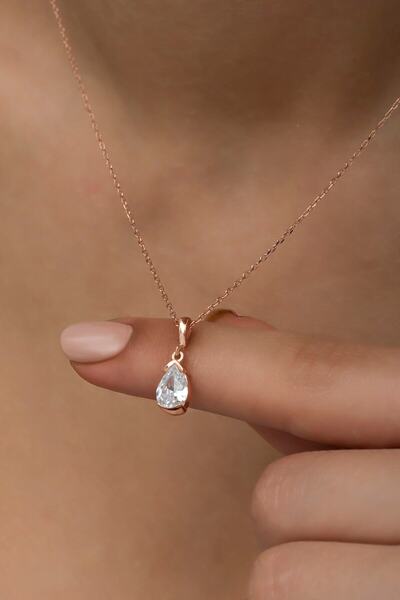 Nereze 925 Ayar Gümüş Damla Beyaz Taşlı Tektaş Kolye