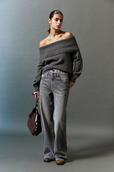 Pull & Bear Sweater with Soft Texture and Off Shoulder