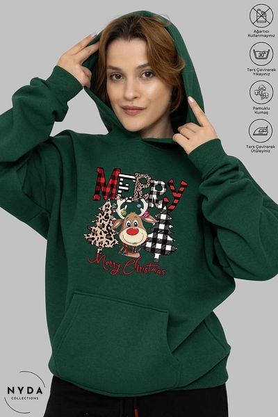 Nyda Collections Unisex Πρωτοχρονιάτικο ελάφι Καλά Χριστούγεννα με στάμπα Oversize φούτερ με κουκούλα