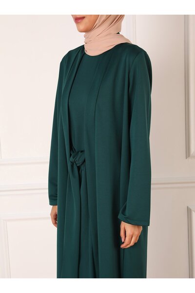 Refka Belt Detailed Dress & Ferace Double Suit - Emerald Green - Refka