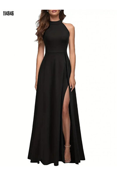 Kokosh moda Kadın Derin Yırtmaç Detaylı Tam boy Halter Yaka Düğün Nikah Abiye Elbise