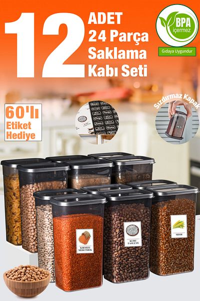 welcomein 3200 Ml. Mega Size - 12 Pieces 24 Pieces Food Grocery Storage Set with Label Gift