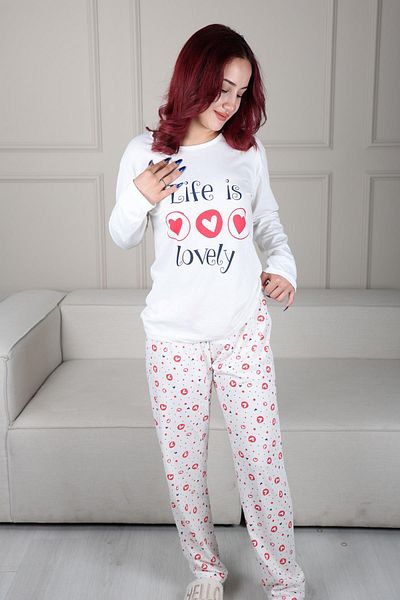 Niket Life White Long Sleeve Heart Patterned Pajamas Set