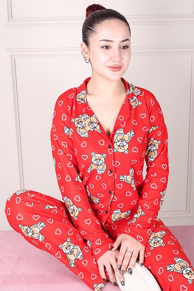 Niket Life Red Suede Pajama Set - Teddy Bear Pattern and Button