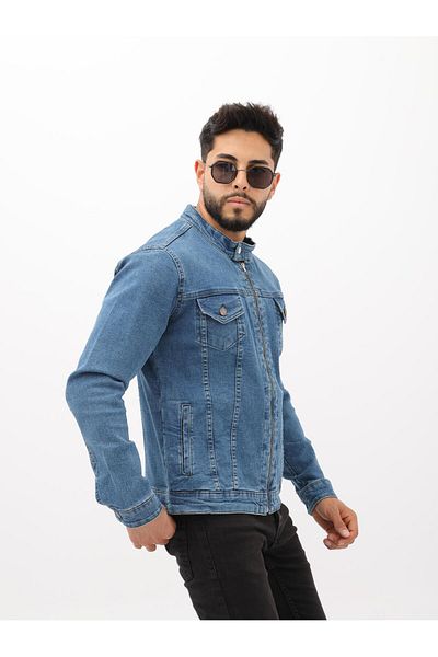 WKM Jachetă de blugi casual pentru bărbați, cu fermoar dublu, albastru acid