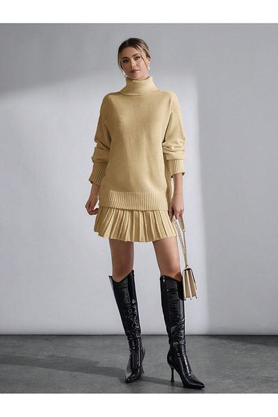 Puella Women's Beige Pleated Skirt - Turtleneck Oversize Sweater Set