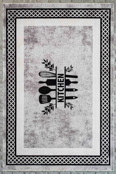 Serente Home Kitchen Figür Desenli Yıkanabilir Kaymaz Taban Şönil Gri Siyah M...