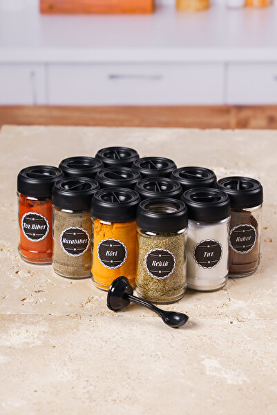 KRM HOME 12-Piece Spice Rack Set with Lockable Lid and Spoon 320 ml Black Labeled Glass Lock Spice Set