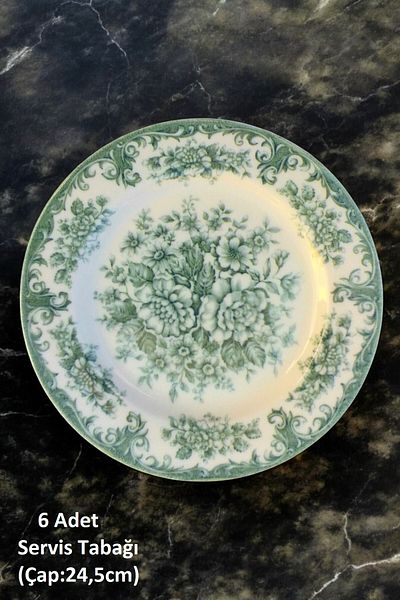 Pinkev Vintage Green Porcelain Serving Plate for 6 People - Diameter: 24.5cm