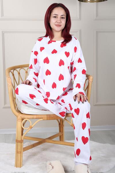 Niket Life White Long Sleeve Combed Cotton Pajama Set - Heart Pattern