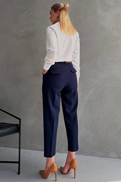 Maude Жіночі брюки з вузькими штанинами, з поясом, з плісировкою, з синьою тканиною, сезонні