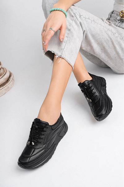 Deripabuc Genuine Leather Black Women's Leather Sneaker Shoes Dp79-0209