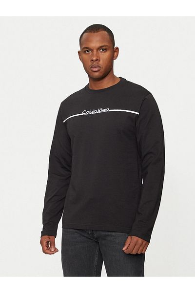 Calvin Klein Men's Regular Fit Cotton Round Neck Front Stripe Logo Printed Long Sleeve Black T-Shirt K10K 114343 -B