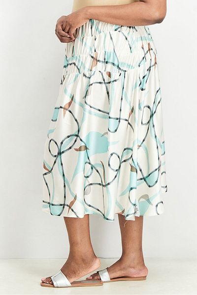 Asos Design Women Curve Fit Pull On Printed Midi Skirt, Ivory Combo