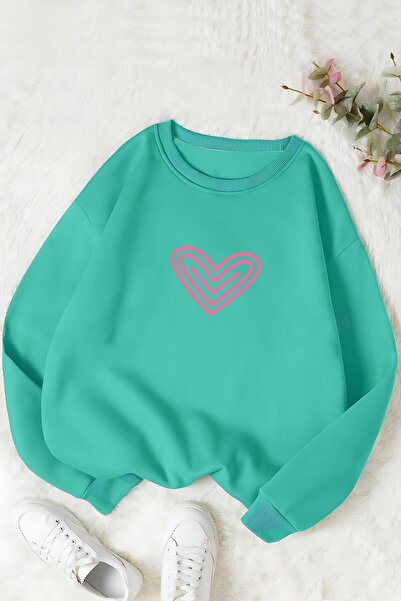 Kadın Denfa Moda Bisiklet Yaka Sweat Yeşil Kadın