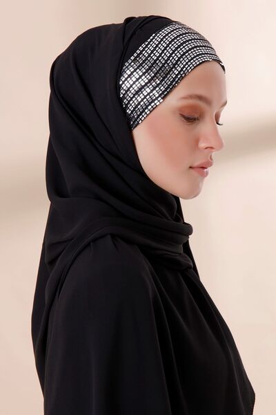 Differenza Mirror Sequined Plain Crepe Premade Shawl - Black Silver