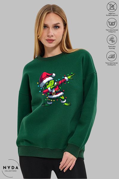 Nyda Collections Unisex μακρυμάνικο Grinch Πρωτοχρονιάτικο Φούτερ με στάμπα με λαιμόκοψη χωρίς κουκούλα