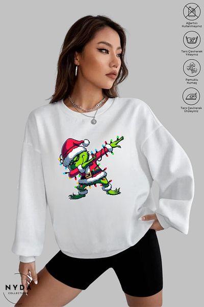 Nyda Collections Unisex μακρυμάνικο Grinch Πρωτοχρονιάτικο Φούτερ με στάμπα με λαιμόκοψη χωρίς κουκούλα