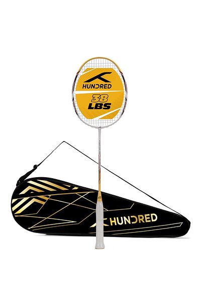 Hundred Atomic-x 38 Pwr Carbon Fibre Badminton Racket | White/gold | Strung With Full Cover