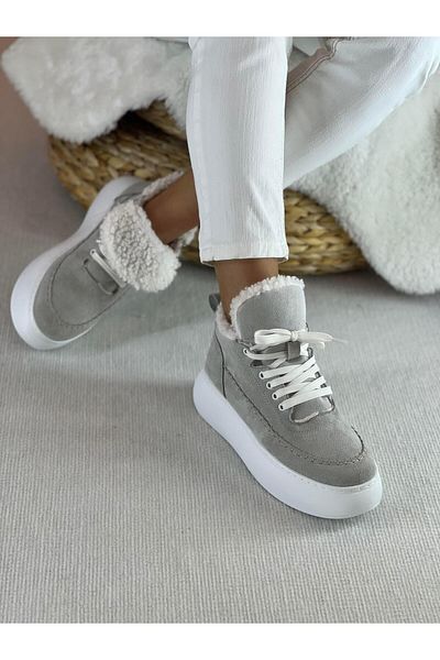 SHOEMARK Moa Gray Furry Women's Lace Up Boots