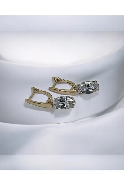 By Semra Xupıng Jewelry Kristal Zirkon Taşlı Özel Tasarım Gold Çelik Şık Küpe